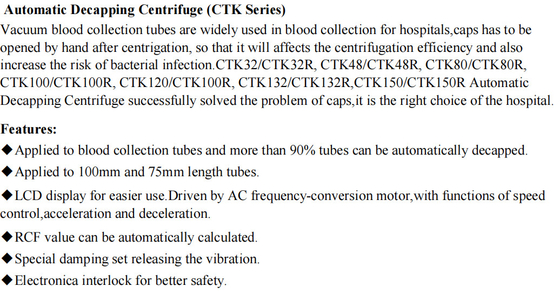 CTK64 Low Speed Centrifuge Automatic Decapping For Separating Blood