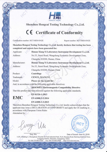 China Hunan Xiangyi Laboratory Instrument Development Co., Ltd. Certification